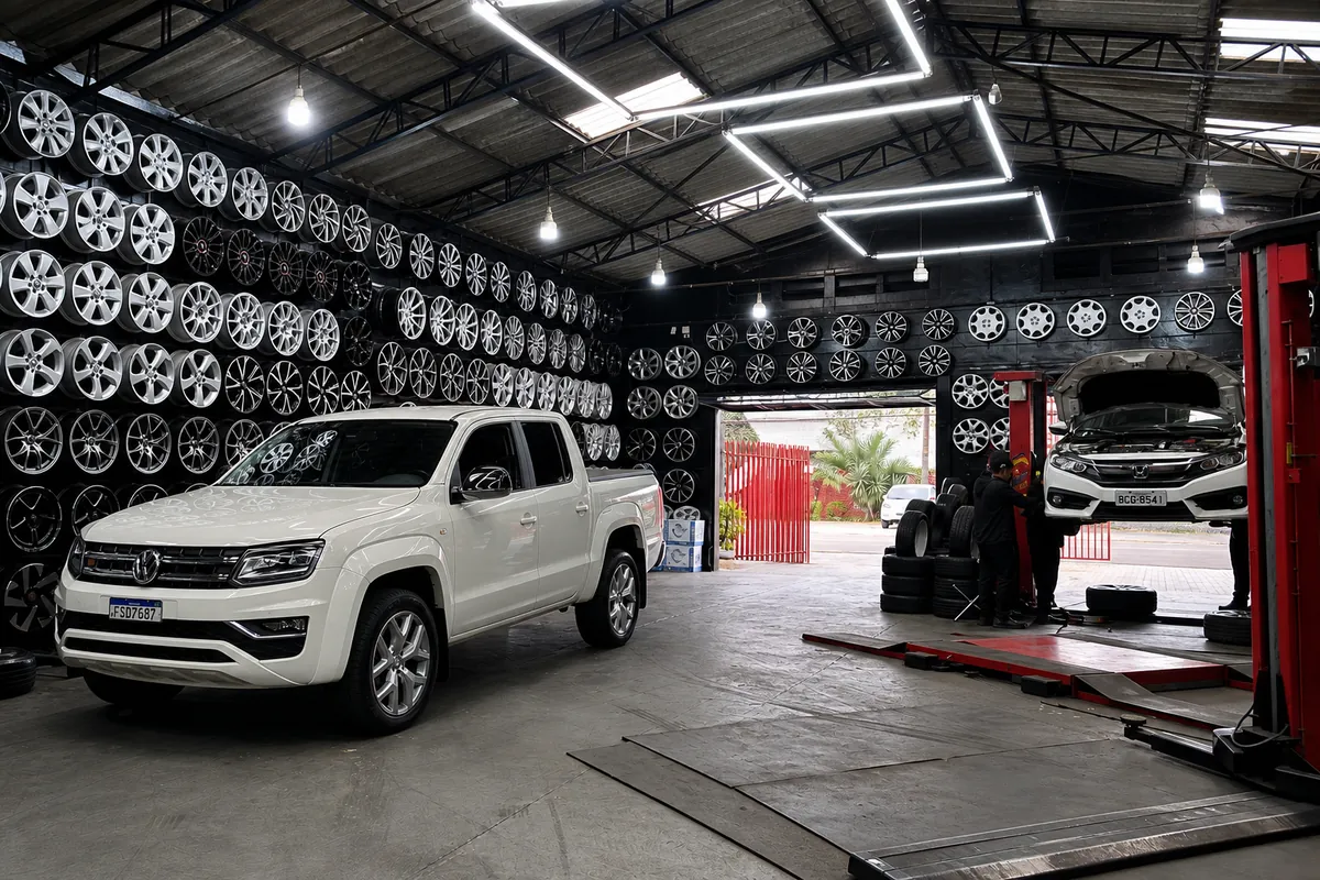 Salão da Fera Auto Center com a parede de rodas, uma picape branca no centro e um carro no elevador ao fundo