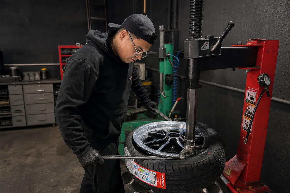 Profissional da Fera Auto Center montando um pneu em uma roda na máquina de montagem